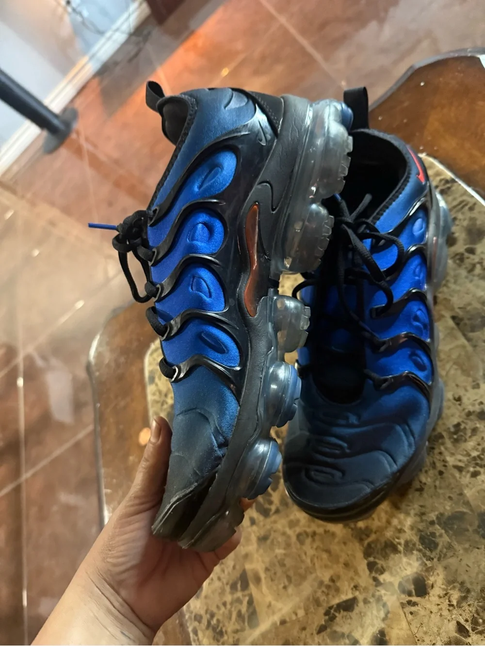 Men's Running Sneakers - Black and Blue with Red Accent Nike vapormax